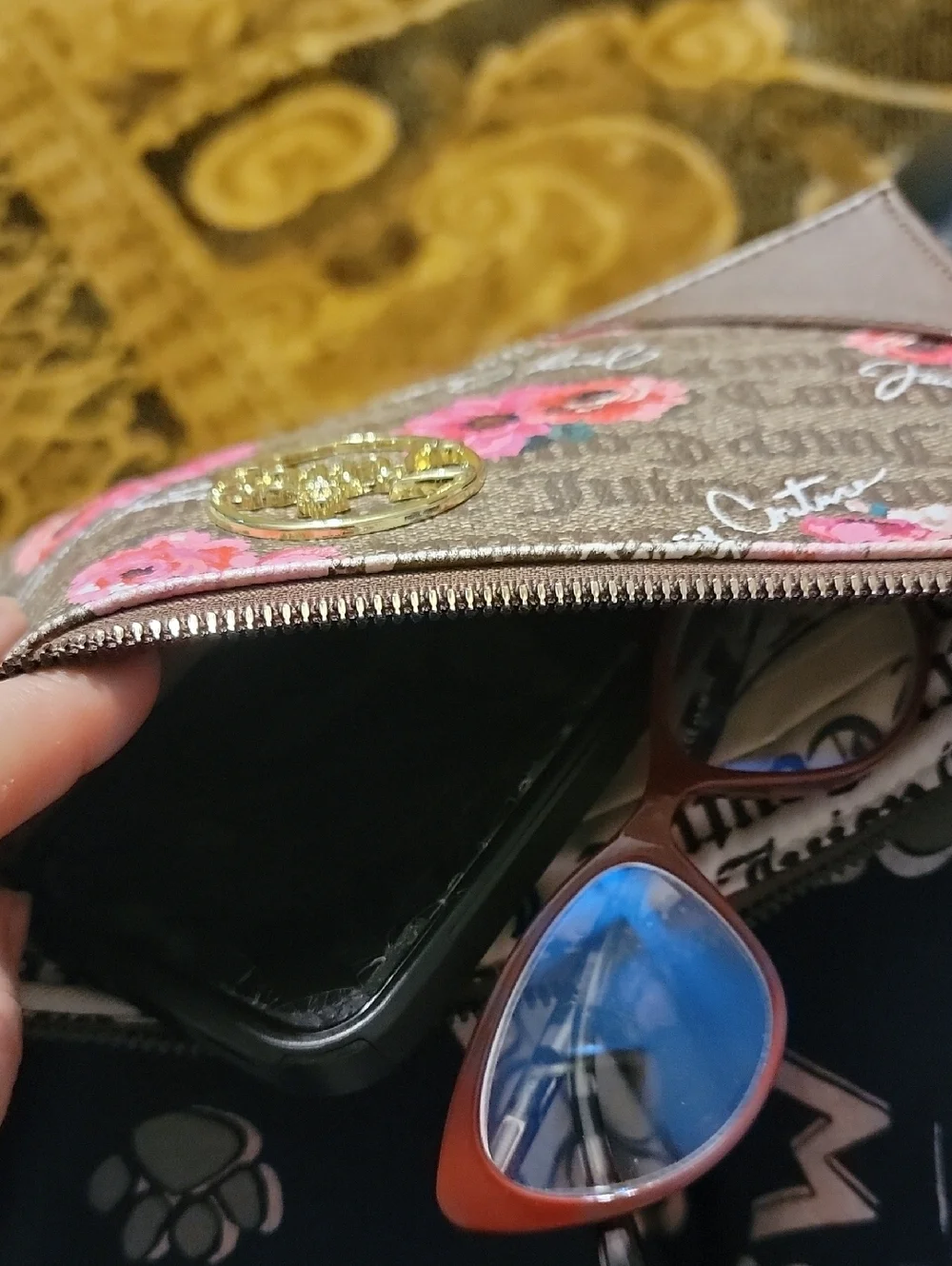 Floral Brown Wristlet Clutch with Gold Emblem - Picture 11 of 11
